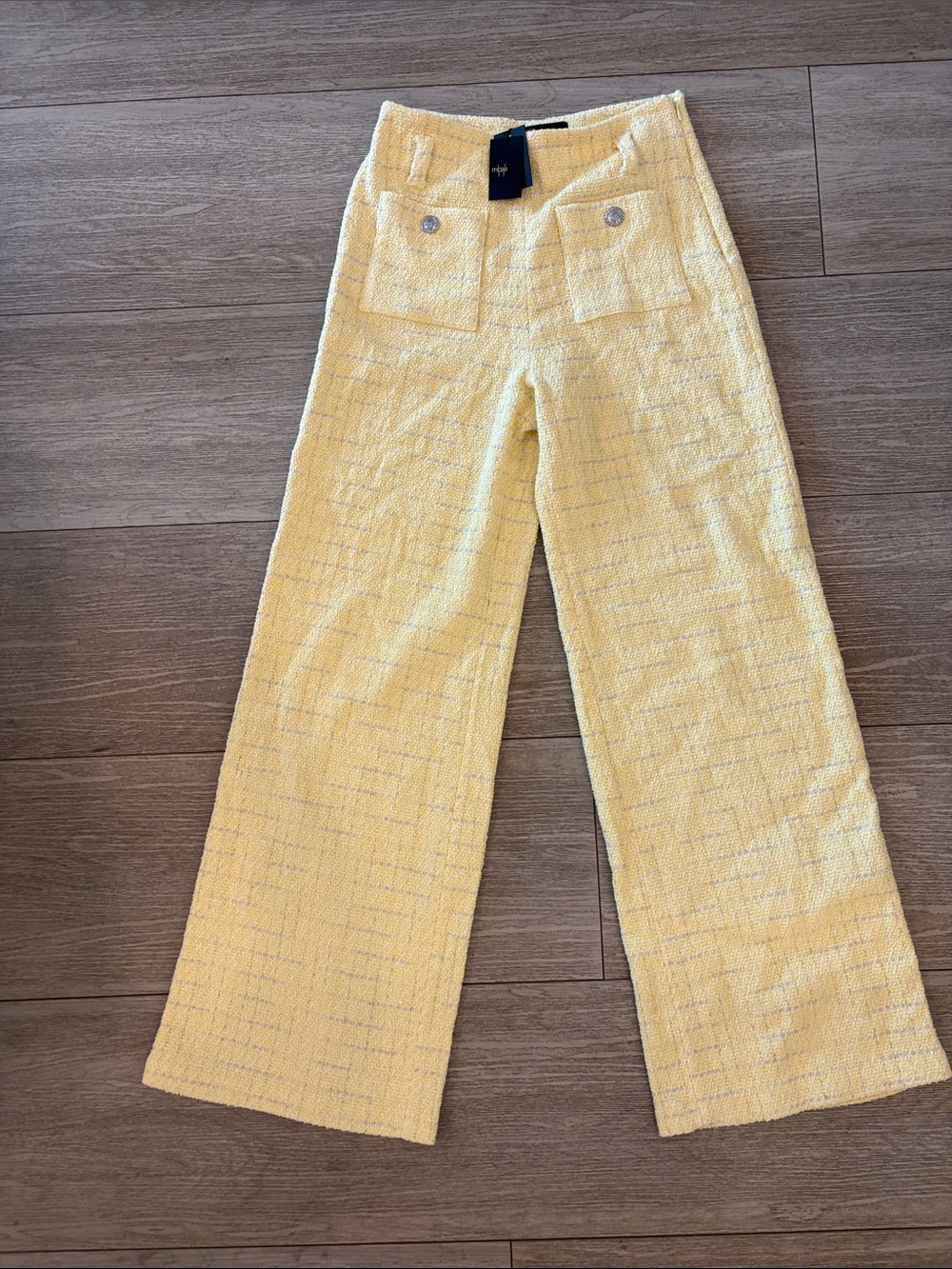 Maje Yellow Tweed Wide-Leg Pants with Front Pockets NWT